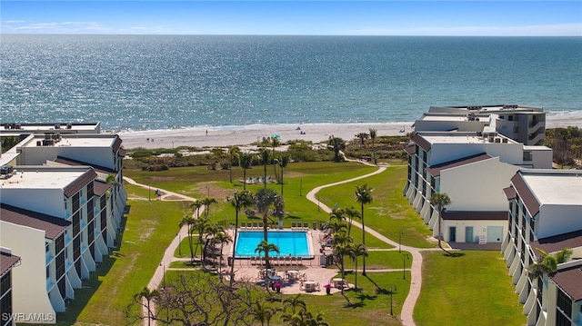 aerial view featuring a beach view and a water view