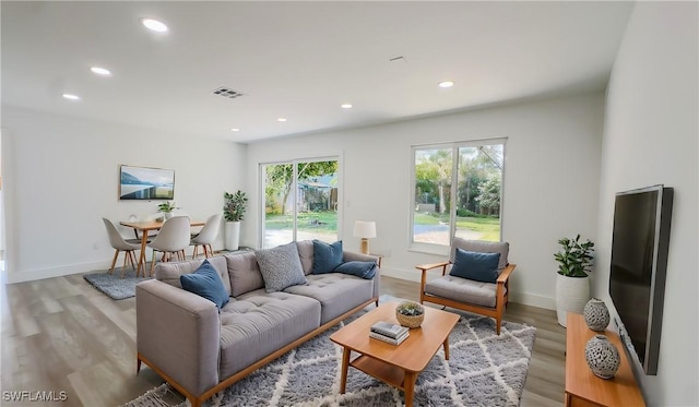 living room with light hardwood / wood-style flooring