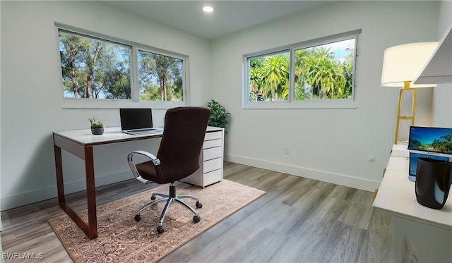 home office featuring hardwood / wood-style flooring