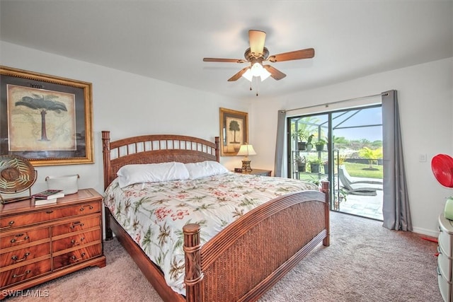 carpeted bedroom featuring access to exterior and ceiling fan