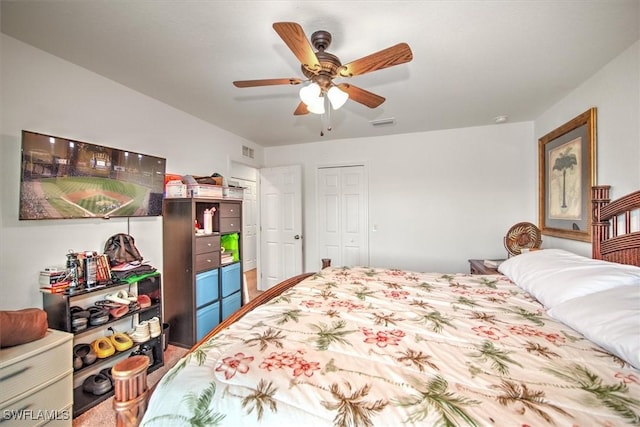 bedroom featuring access to exterior, a closet, and ceiling fan