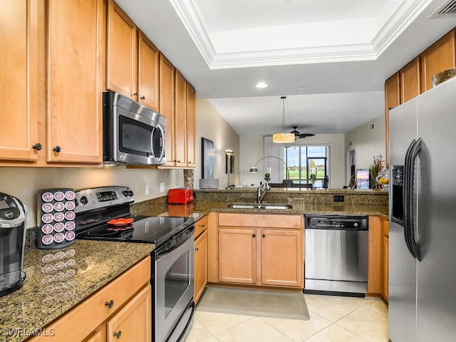 kitchen with sink, a tray ceiling, dark stone counters, and appliances with stainless steel finishes