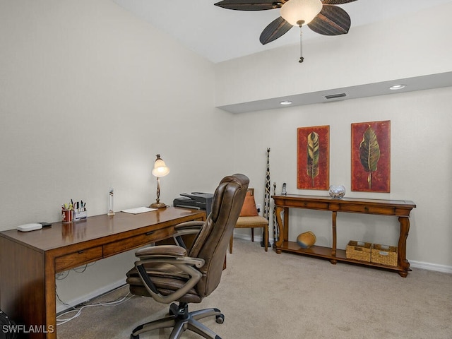 office featuring light carpet and ceiling fan