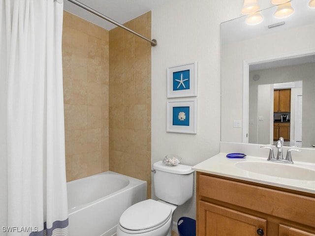 full bathroom with shower / bath combination with curtain, vanity, and toilet