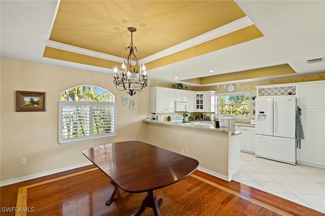 dining room featuring crown molding, a tray ceiling, a healthy amount of sunlight, and light wood-type flooring