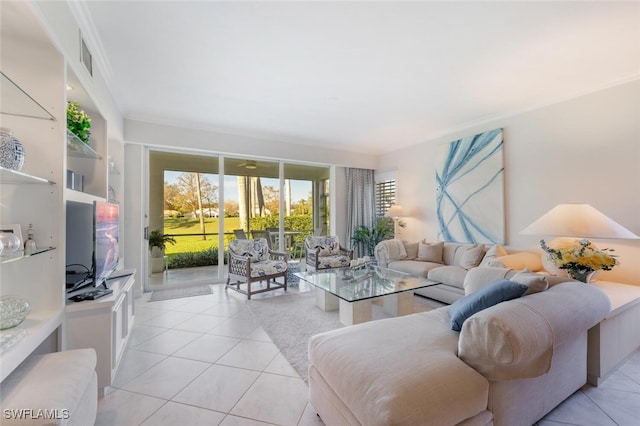 living room featuring light tile patterned flooring