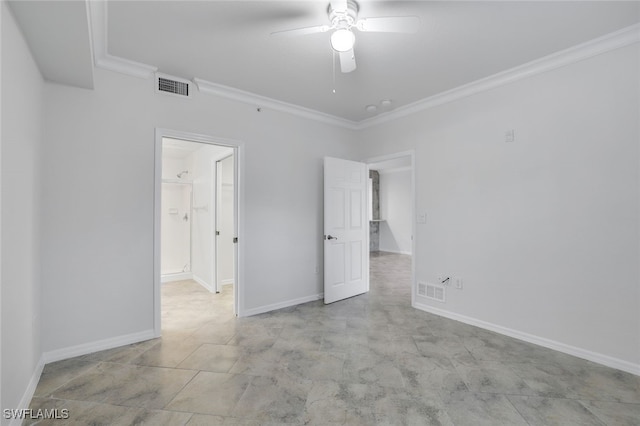 unfurnished bedroom featuring ornamental molding and ceiling fan