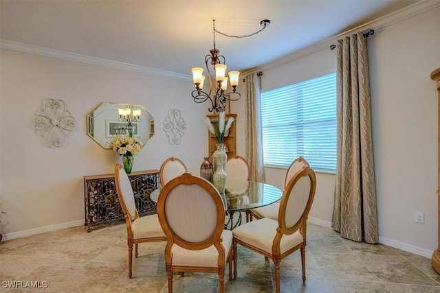 dining room with an inviting chandelier and ornamental molding