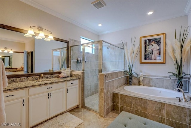 bathroom featuring vanity, crown molding, and plus walk in shower