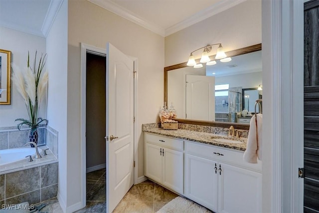 bathroom with tile patterned flooring, crown molding, shower with separate bathtub, and vanity