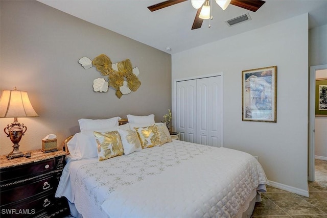 bedroom featuring light tile patterned flooring, ceiling fan, and a closet