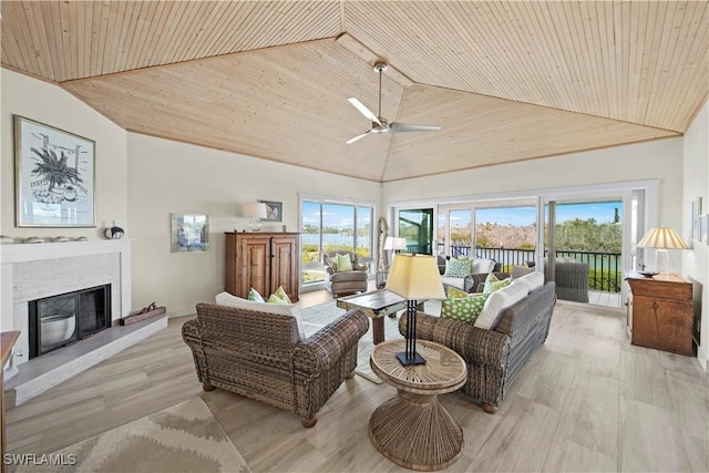 living room with ceiling fan, high vaulted ceiling, light hardwood / wood-style flooring, and wooden ceiling