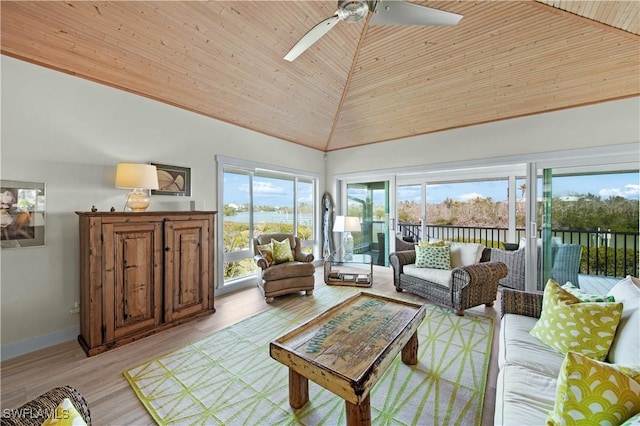 living room with a healthy amount of sunlight, high vaulted ceiling, light hardwood / wood-style flooring, and wooden ceiling