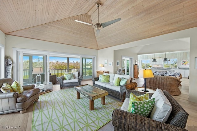 sunroom / solarium featuring lofted ceiling, wood ceiling, and ceiling fan