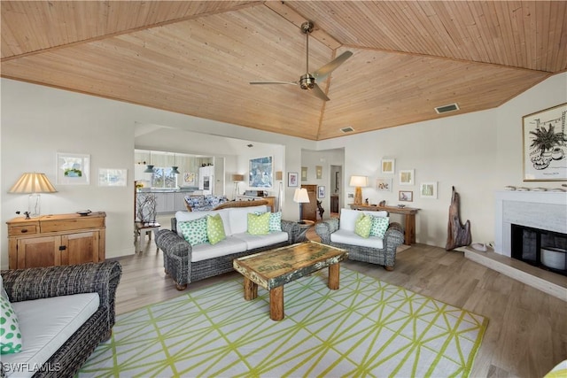 living room with wood ceiling, ceiling fan, high vaulted ceiling, and light hardwood / wood-style flooring