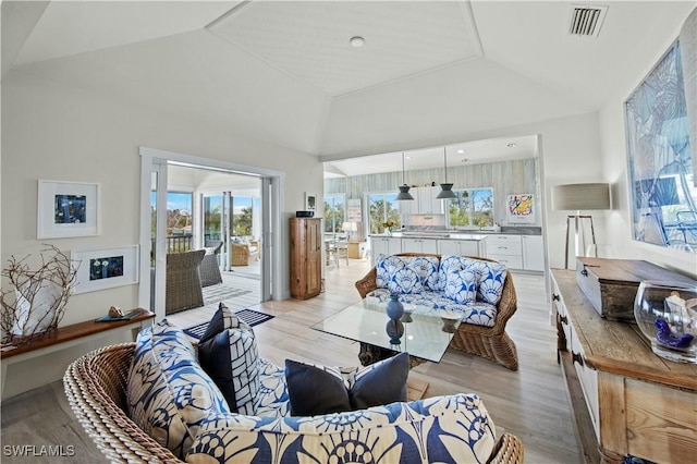 living room with vaulted ceiling and light wood-type flooring