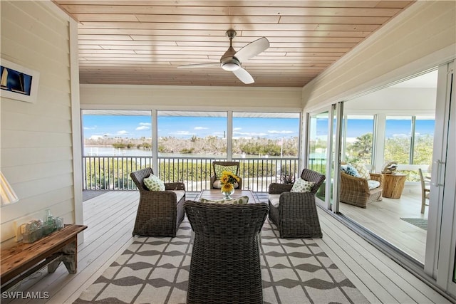 sunroom with wood ceiling and ceiling fan