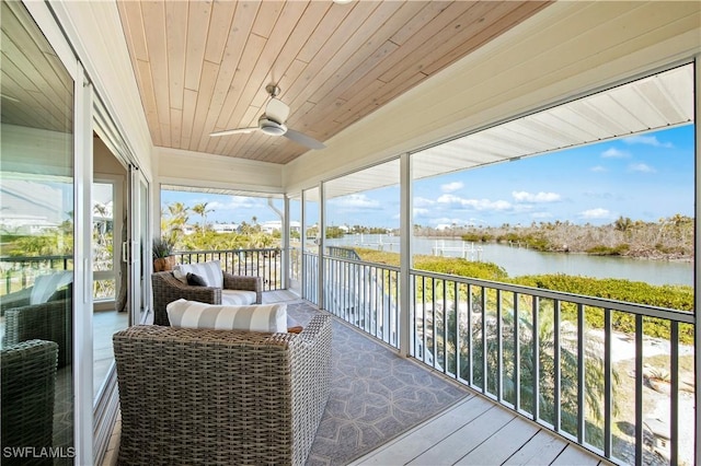 sunroom / solarium featuring ceiling fan, a water view, and wood ceiling