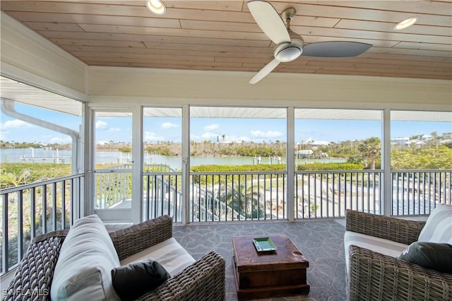 sunroom / solarium featuring wood ceiling, ceiling fan, and a water view