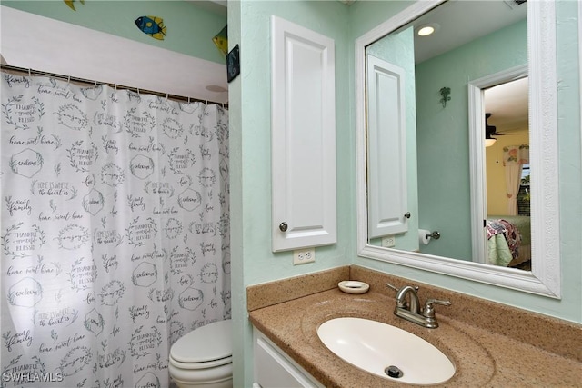 bathroom featuring vanity, toilet, and a shower with shower curtain