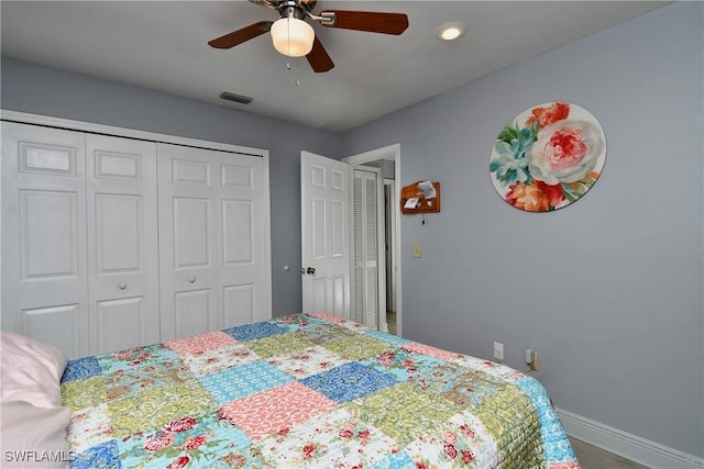 bedroom featuring ceiling fan and a closet