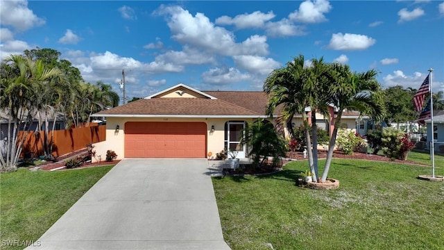 ranch-style home with a garage and a front lawn