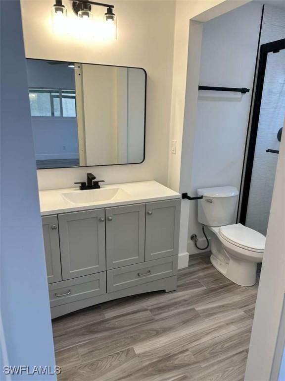 bathroom with vanity, hardwood / wood-style floors, and toilet