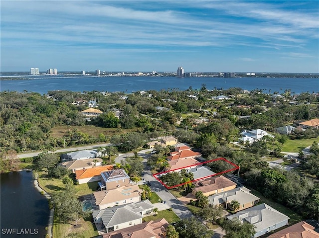 drone / aerial view featuring a water view