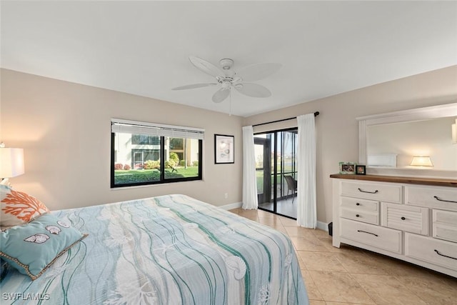 bedroom featuring light tile patterned floors, access to exterior, and ceiling fan