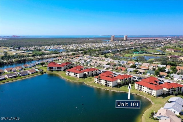 drone / aerial view featuring a water view