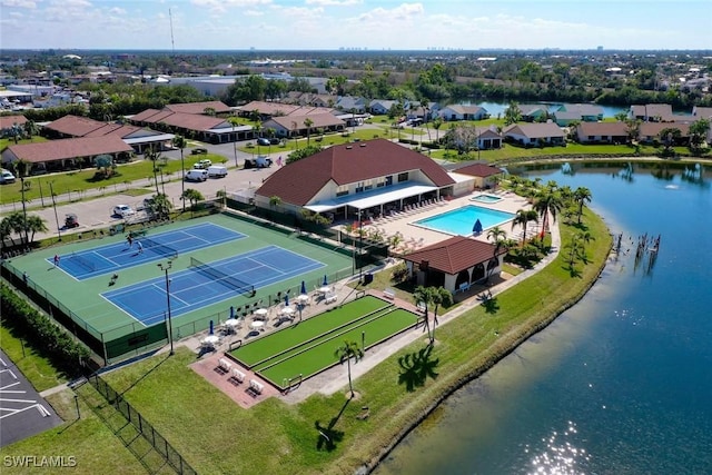 aerial view featuring a water view