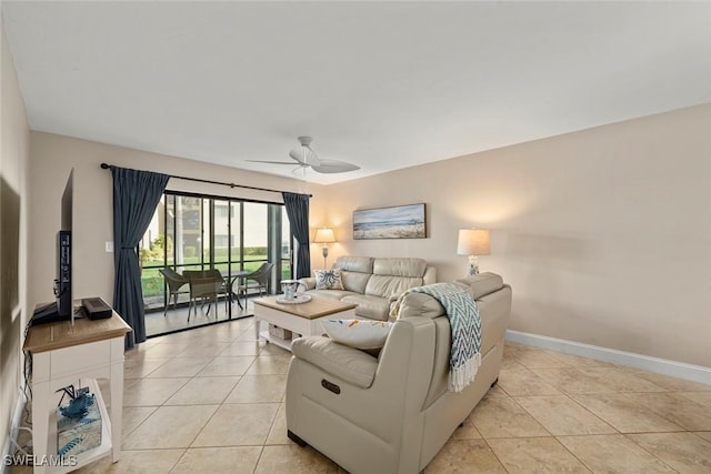 tiled living room featuring ceiling fan