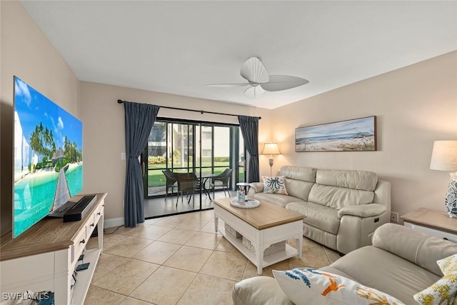 living room with light tile patterned floors and ceiling fan