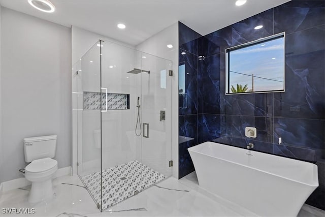 bathroom with plus walk in shower, tile walls, and toilet