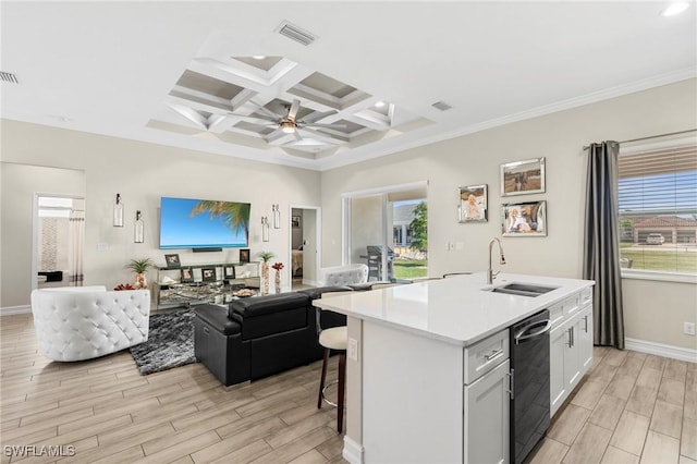 kitchen featuring sink, white cabinetry, dishwasher, a healthy amount of sunlight, and a kitchen island with sink