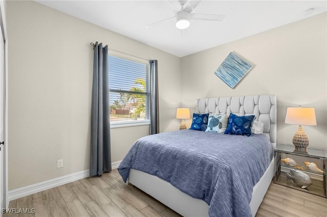 bedroom featuring ceiling fan and light hardwood / wood-style floors