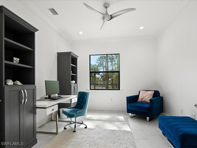 office featuring ornamental molding and ceiling fan