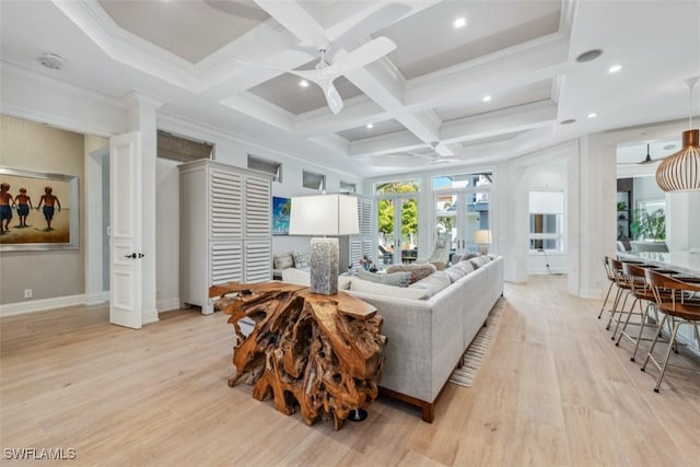 living room featuring beamed ceiling, ceiling fan, coffered ceiling, and light hardwood / wood-style floors