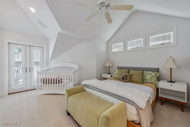 carpeted bedroom featuring vaulted ceiling, access to outside, ceiling fan, and french doors