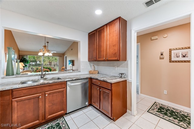 kitchen featuring tasteful backsplash, brown cabinetry, dishwasher, light stone counters, and a sink