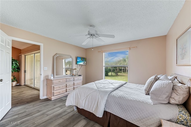 bedroom with light wood-style floors, a ceiling fan, and a textured ceiling