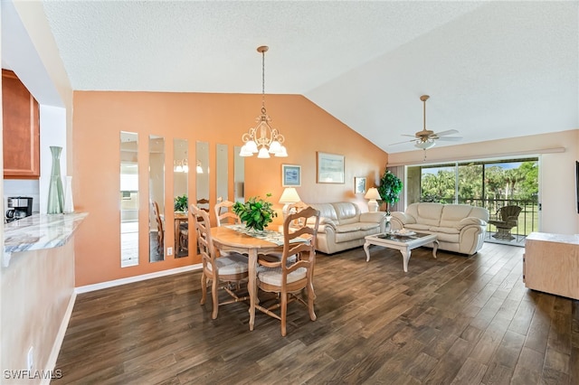 dining space featuring baseboards, lofted ceiling, dark wood-type flooring, a textured ceiling, and ceiling fan with notable chandelier