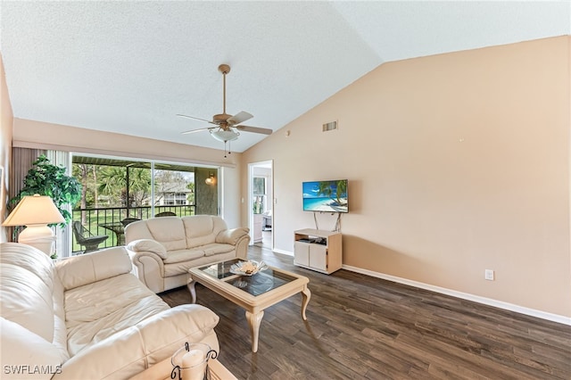 living area with ceiling fan, high vaulted ceiling, dark wood-type flooring, visible vents, and baseboards