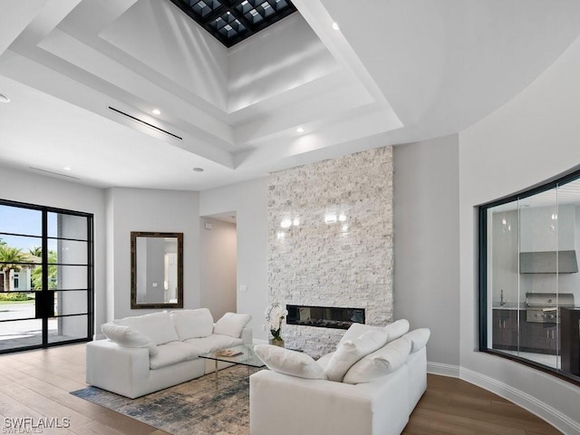 living room featuring a stone fireplace, hardwood / wood-style floors, and a tray ceiling