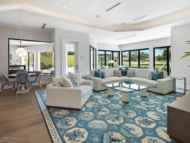 living room featuring hardwood / wood-style flooring and a raised ceiling