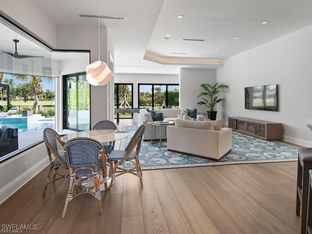 dining space featuring a healthy amount of sunlight, a tray ceiling, and light hardwood / wood-style flooring