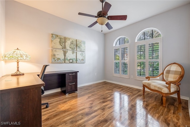 office area featuring hardwood / wood-style flooring and ceiling fan