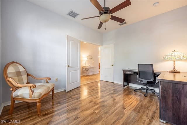 office area featuring hardwood / wood-style flooring and ceiling fan