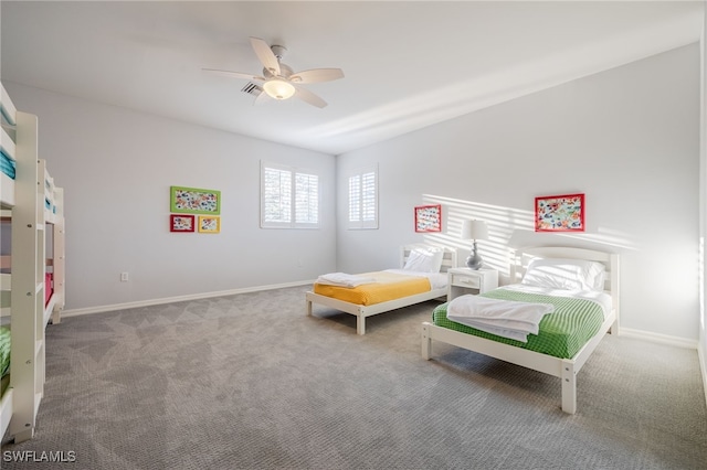 bedroom featuring light carpet and ceiling fan