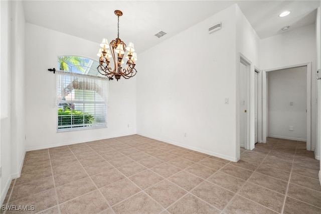 empty room with recessed lighting, light tile patterned floors, baseboards, and an inviting chandelier